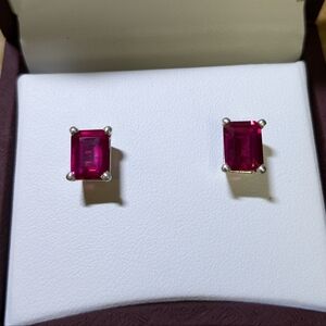 Lab Created Emerald cut Ruby studs in sterling silver